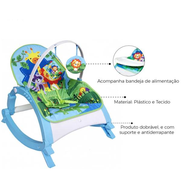 Imagem de Cadeira de Balanço Azul Bebê Bandeja Alimentação + Chocalho
