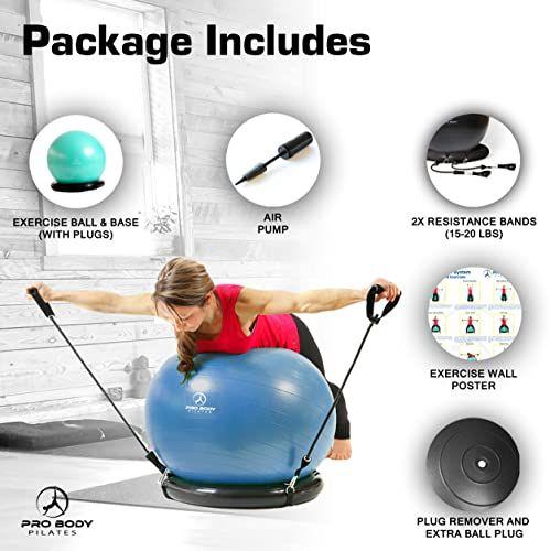 Imagem de Cadeira de bola de ioga com bola de pilates ProBody, cadeira de bola de exercícios com base ou suporte e faixas para mesa de escritório doméstico ou treino, assento de bola de equilíbrio e estabilidade antiexplosão de 65 cm, bola de ginástica grande