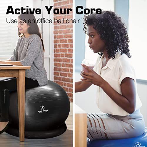 Imagem de Cadeira de bola de ioga com bola de pilates ProBody, cadeira de bola de exercícios com base ou suporte e faixas para mesa de escritório doméstico ou treino, assento de bola de equilíbrio e estabilidade antiexplosão de 65 cm, bola de ginástica grande