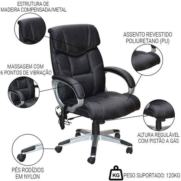 Imagem de Cadeira de Escritório Presidente Giratória com Massageador Quena R02 PU Preto - Mpozenato