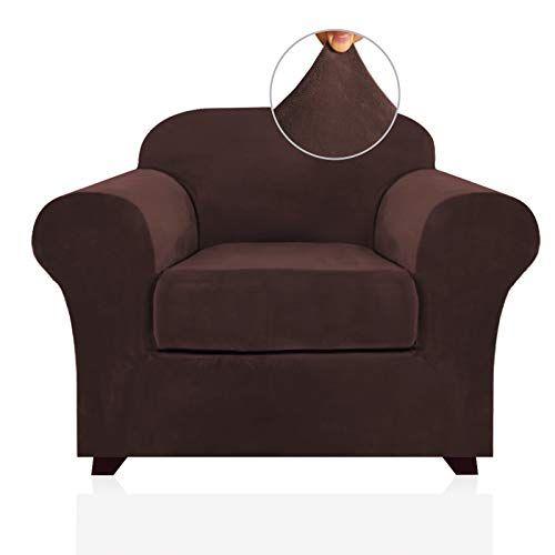 Imagem de Cadeira de estiramento de veludo real cobre 2 peças capa de capa de poltrona - Incluir cobertura base e tampa da almofada - Sofá Cobre Sofá Cobre 1 Seater Chair Slip Cover, Feature Thick Soft Velour, Brown