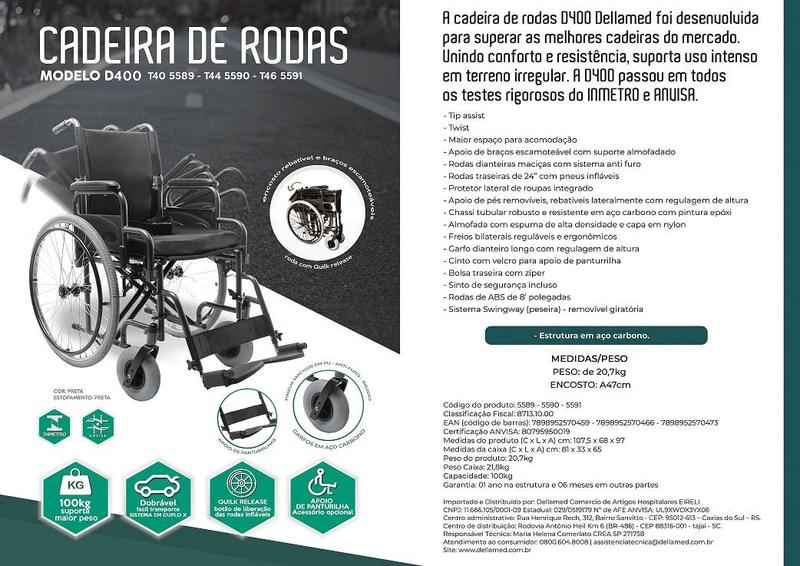 Imagem de Cadeira de Rodas Dellamed D400 Dobrável 120kg