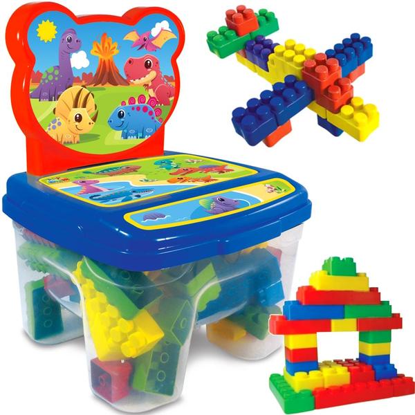 Cadeira Dinossauros Baú Blocos de Montar 60 Peças Infantil - GGB Brinquedos Imagem de Cadeira Dinossauros Baú Blocos de Montar 60 Peças Infantil
