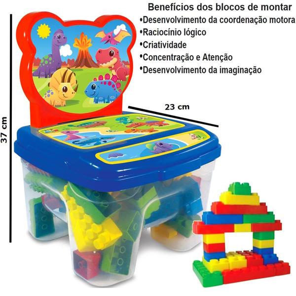 Cadeira Dinossauros Baú Blocos de Montar 60 Peças Infantil - GGB Brinquedos Imagem de Cadeira Dinossauros Baú Blocos de Montar 60 Peças Infantil