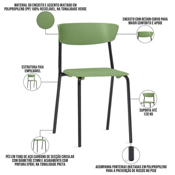 Imagem de Cadeira Empilhável Fixa Atom F02 Base Aço Preta Verde - Lyam Decor