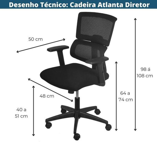 Imagem de Cadeira Escritório Giratória Diretor Atlanta Assento Tecido Tela Mesh Preta Base Nylon Rodízio Preto