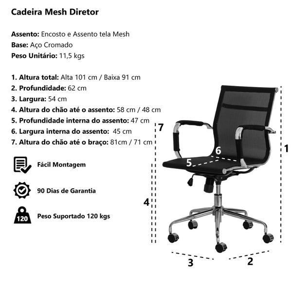 Imagem de Cadeira Escritório Mesh Diretor Preta Base Giratória Cromada Altura Ajustável