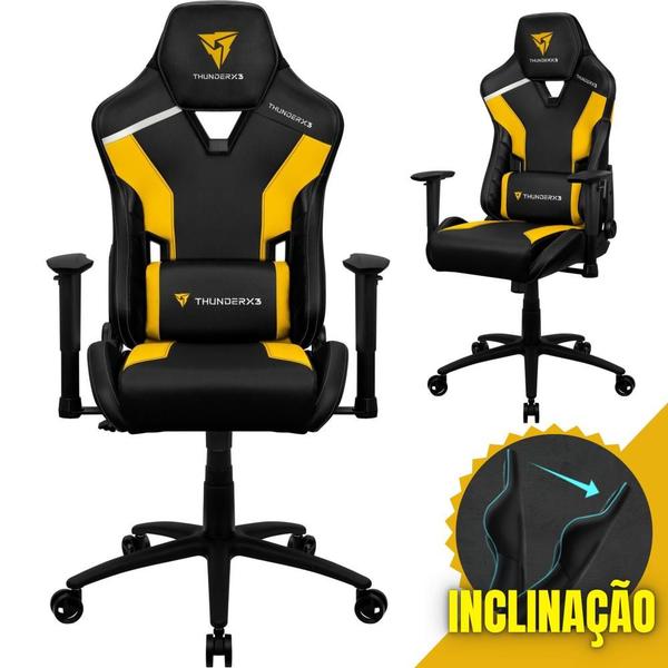 Imagem de Cadeira Gamer Confortável Com Altura e Encosto Reguláveis material sintético e Fibra de Carbono Suporta Até 120Kg Base de Metal e Apoio de Lombar e Pescoço Cor Amarela