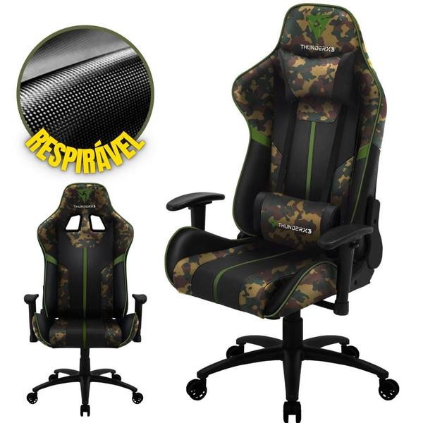 Imagem de Cadeira Gamer de Jogos ThunderX3 BC3 Com Rodinhas, Inclinação Regulável e Altura Ajustável Suporta 120kg Verde Militar Camuflada