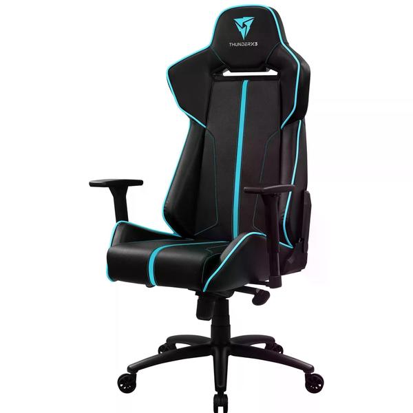 Imagem de Cadeira Gamer Escritório ThunderX3 Alto Conforto com Almofadas Ergonômicas para Pescoço e Lombar Regulagem para Altura e Braço Cor Ciano e Preto Suporta Até 150Kg