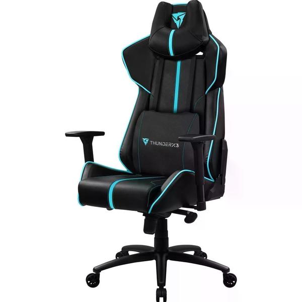 Imagem de Cadeira Gamer Giratória 360 Para Jogar Por Horas Ergonômica Cor Ciano e Preto de Tecido Respirável Suporta Até 150Kg Com Reclinação de 135 com Ajuste de Altura