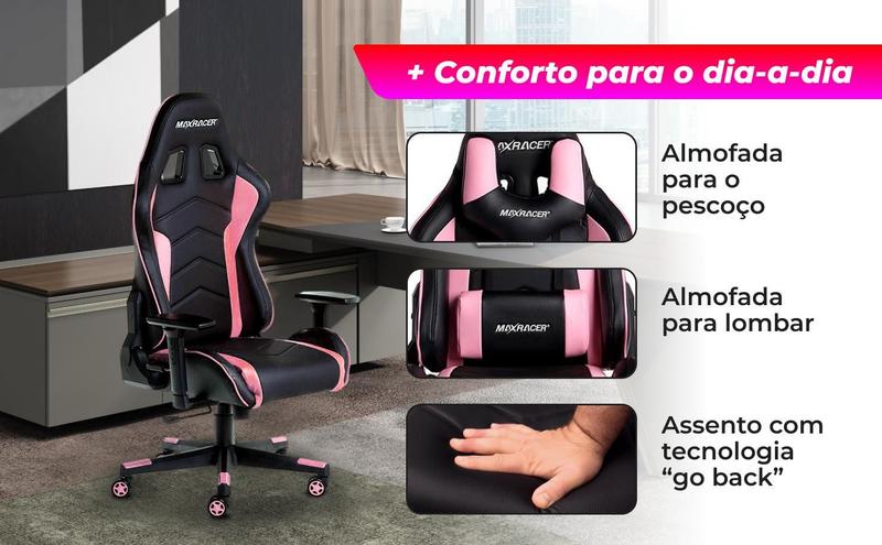 Imagem de Cadeira Gamer MaxRacer Tactical Rosa Reclina 180 Braço 3D