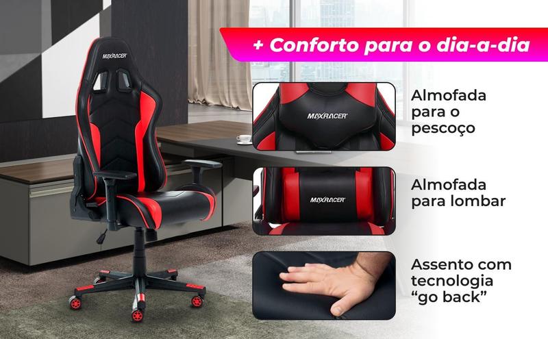 Imagem de Cadeira Gamer MaxRacer Tactical Vermelha Reclina Braço 3D