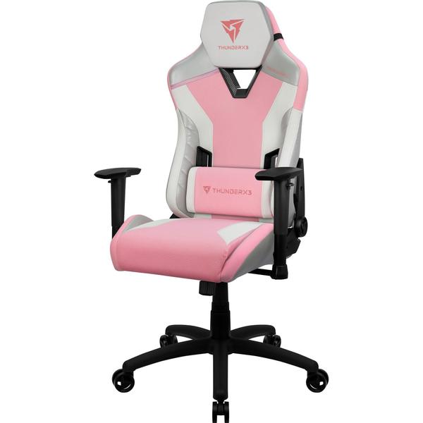 Imagem de Cadeira Gamer Para Escritório Alto Conforto Com Almofada Ergonômica Para Lombar e Apoio de Pescoço e Braço Bidirecional Com Base de Metal e Giratória Cor Branca de Rosa