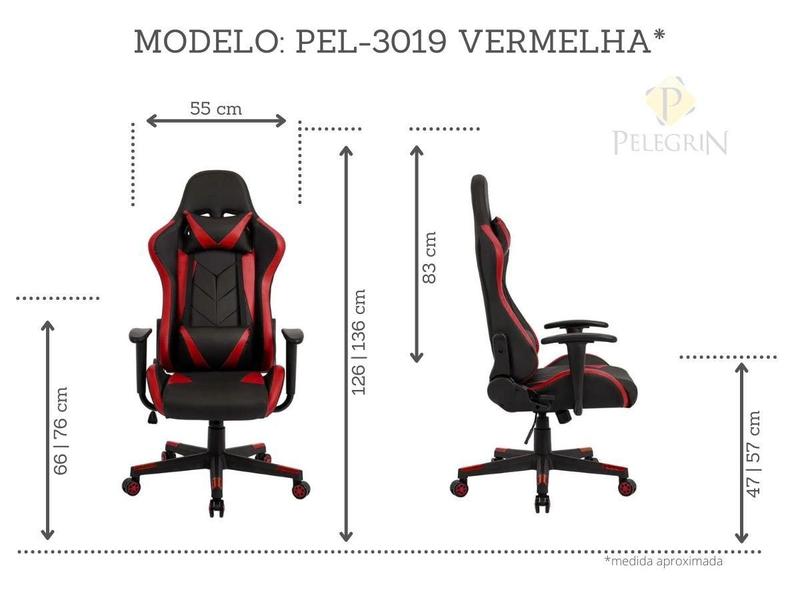 Imagem de Cadeira Gamer Pelegrin em Couro PU Reclinável PEL-3019 Preta e Vermelha