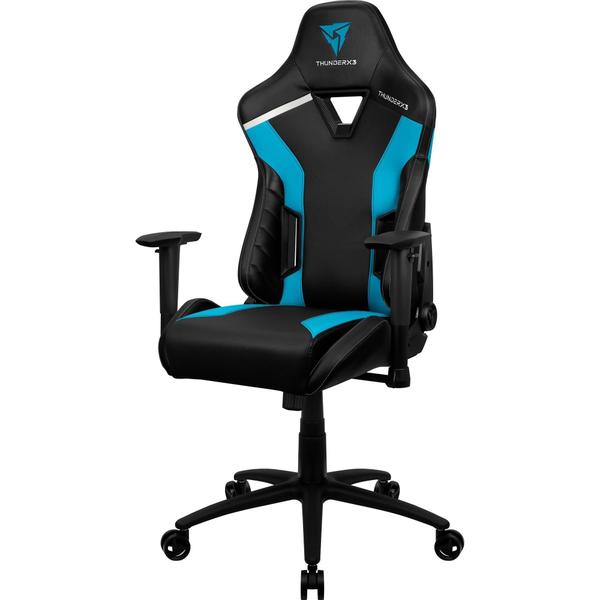 Imagem de Cadeira Gamer ThunderX3 Azure Para Escritório Suporta Até 120Kg Com Encosto Ergonômico e Apoio Para Lombar e Pescoço Alto Conforto Cor Preta e Azul Base de Metal