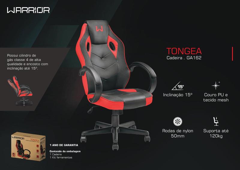 Imagem de Cadeira Gamer Warrior Tongea Preta / Vermelha 