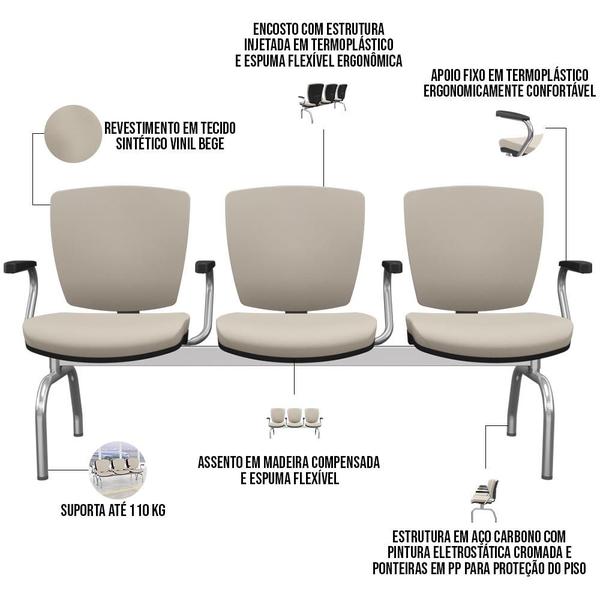 Imagem de Cadeira Longarina 3 Lugares Aeroporto Recepção Cromado Baixa Flexi P03 Vinil Bege -Lyam