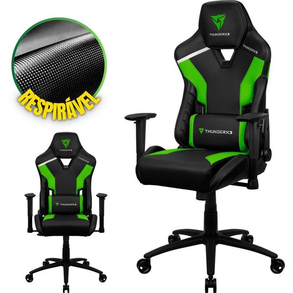 Imagem de Cadeira Modelo Gamer Para Escritório Alto Conforto Com Apoio de Lombar e Pescoço Suporta Até 120Kg Encosto Reclinável 135 Base de Metal e Giratória Cor Preta e Verde