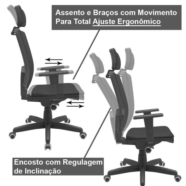 Imagem de Cadeira Presidente Brizza Tela Apoio de Cabeça Ergonômica Back System Autocompensador 3D Preta