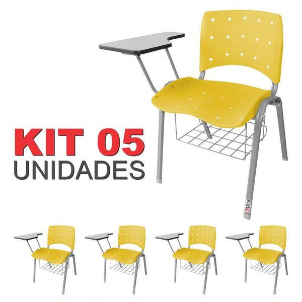 Imagem de Cadeira Universitária Plástica Amarela Anatômica Com Porta Livros Base Prata 5 Unidades - ULTRA Móveis