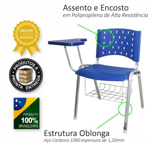 Imagem de Cadeira Universitária Plástica Azul Com Porta Livros Base Prata Prancheta Plástica - ULTRA Móveis