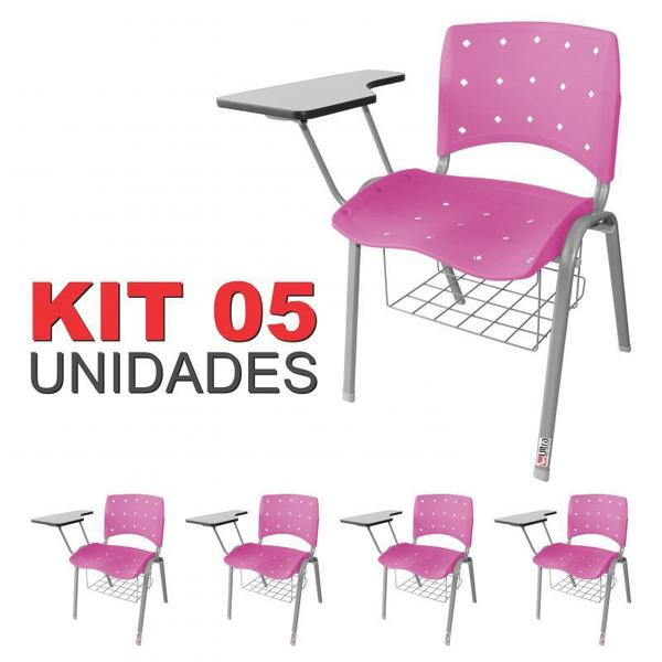 Imagem de Cadeira Universitária Plástica Rosa Anatômica Com Porta Livros Base Prata 5 Unidades - ULTRA Móveis
