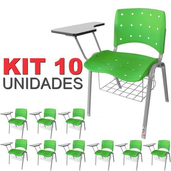 Imagem de Cadeira Universitária Plástica Verde Anatômica Com Porta Livros Base Prata 10 Unidades - ULTRA Móveis