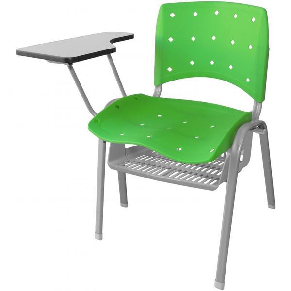 Imagem de Cadeira Universitária Plástica Verde Anatômica Com Porta Livros Base Prata 5 Unidades - ULTRA Móveis