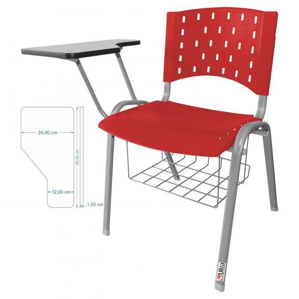 Imagem de Cadeira Universitária Plástica Vermelha Com Porta Livros Base Prata 10 Unidades - ULTRA Móveis