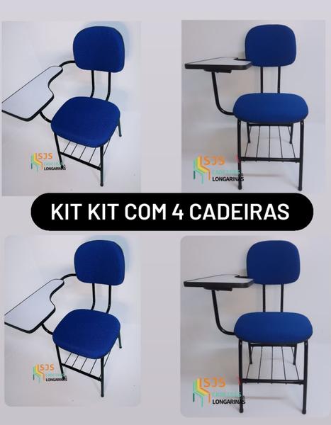 Imagem de Cadeira universitária secretária palito c/porta livros azul kit com 4