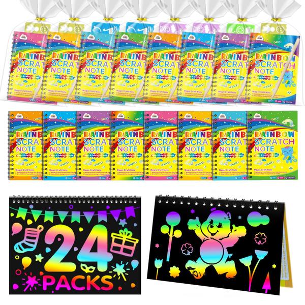 Imagem de Caderno artístico Party Favors ZMLM Rainbow Scratch Art, pacote com 24 unidades para crianças