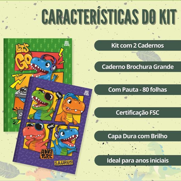 Imagem de Caderno Brochura Capa Dura Grande Dinossauro 2un 80 fls + Kit Escolar Dino Lápis Borracha Apontador