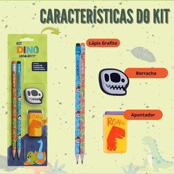 Imagem de Caderno Brochura Capa Dura Grande Dinossauro 2un 80 fls + Kit Escolar Dino Lápis Borracha Apontador