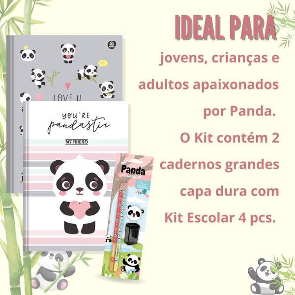 Imagem de Caderno Brochura Capa Dura Grande Panda Ursinho 2un 80 fls + Kit Escolar Panda Lápis Borracha Apontador