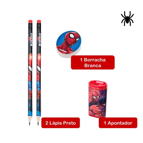 Imagem de Caderno Brochura Capa Dura Homem Aranha Spider Man Tilibra 80 Folhas + Kit Escolar Lápis Borracha Apontador e Copo 530ml