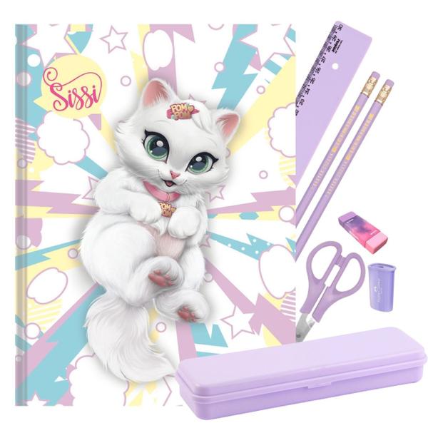 Imagem de Caderno Brochura Capa Dura Sissi Gatinha com Kit Escolar Lilás Pastel Estojo Régua Lápis Apontador Tesoura Borracha