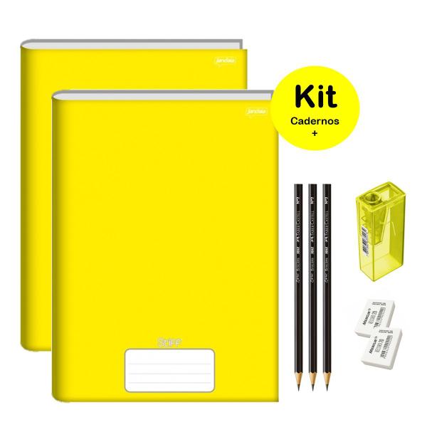 Imagem de Caderno Brochurão Amarelo Capa Dura 96 folhas Kit 2un Stiff Jandaia + Kit Escolar Lápis Faber Borracha Apontador 8 itens