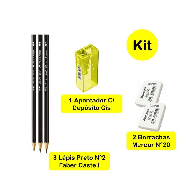 Imagem de Caderno Brochurão Amarelo Capa Dura 96 folhas Kit 2un Stiff Jandaia + Kit Escolar Lápis Faber Borracha Apontador 8 itens