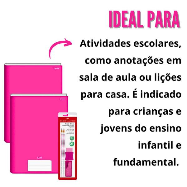 Imagem de Caderno Brochurão Pink Capa Dura 96 folhas Kit 2un Stiff Jandaia + Kit Escolar Faber-Castell Lápis Borracha Apontador