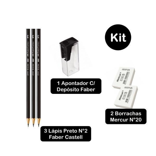 Imagem de Caderno Brochurão Preto Capa Dura 96 folhas Kit 2un Stiff Jandaia + Kit Escolar Lápis Faber Borracha Apontador 8 itens