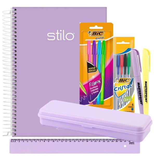 Imagem de Caderno Espiral 10m Capa Dura 160 folhas Rosa ou Lilás Pastel + Kit Escolar 12pcs com Estojo Régua Marca Texto Canetas