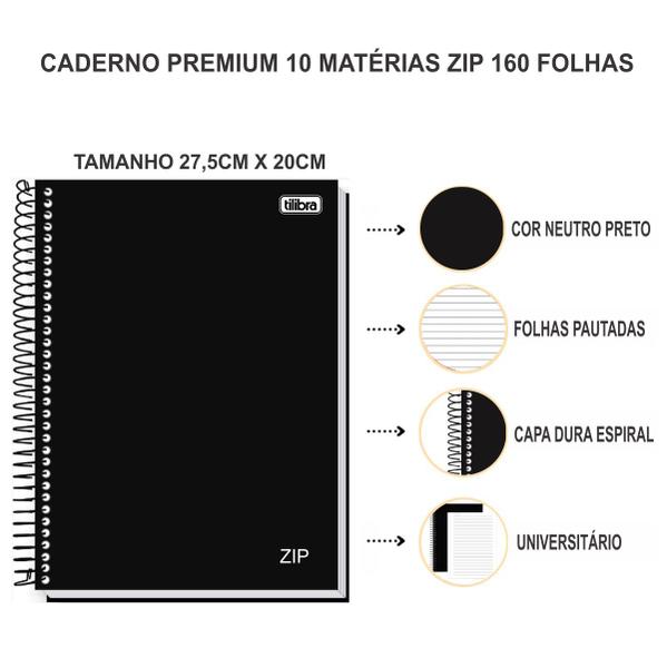 Imagem de Caderno Espiral Capa Dura Preto Tilibra 160 Folhas 10 Matérias Escolar Colegial 20cmx27,5cm