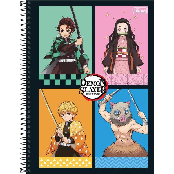 Imagem de Caderno Espiral Capa Dura Universitário 1 Matéria Demon Slayer 80 Folhas - 4 Personagens - Fundo Colorido