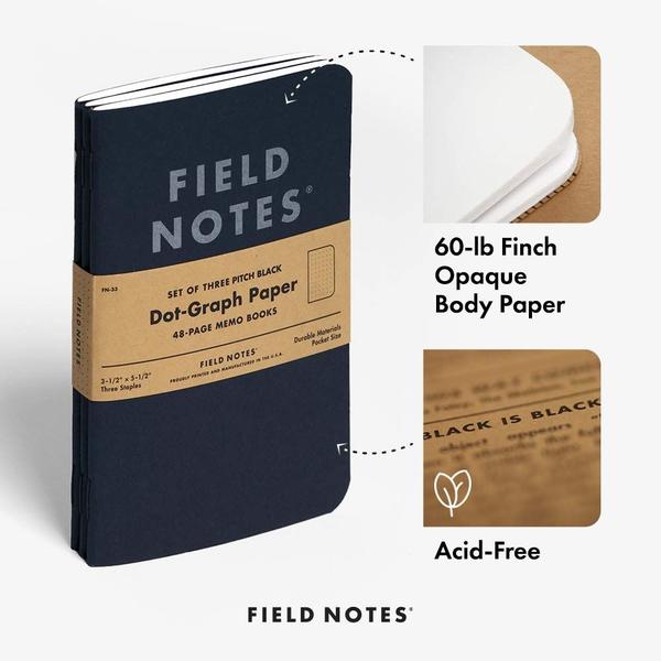 Imagem de Caderno Field Notes Pitch Black, pacote com 3, 90 g/m², 48 páginas