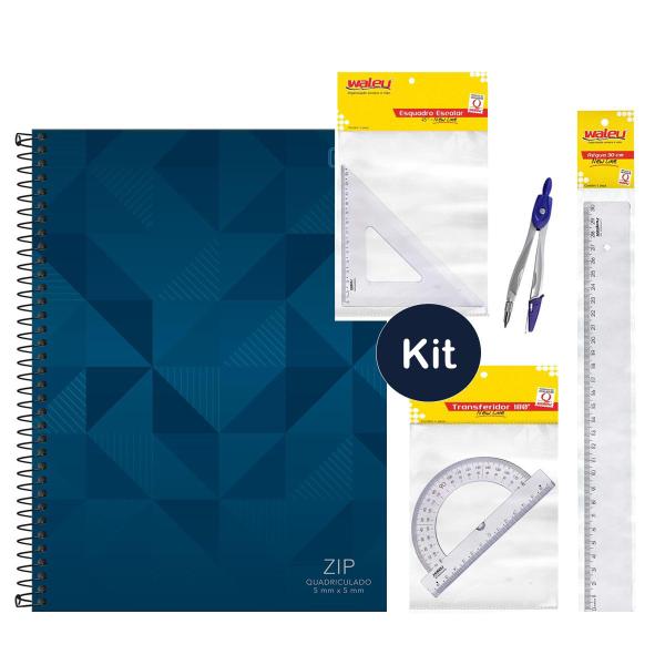 Imagem de Caderno Quadriculado Capa Dura Tilibra 5mm 96 folhas + Kit Escolar Geométrico 4pcs Esquadro Compasso Transferidor Régua