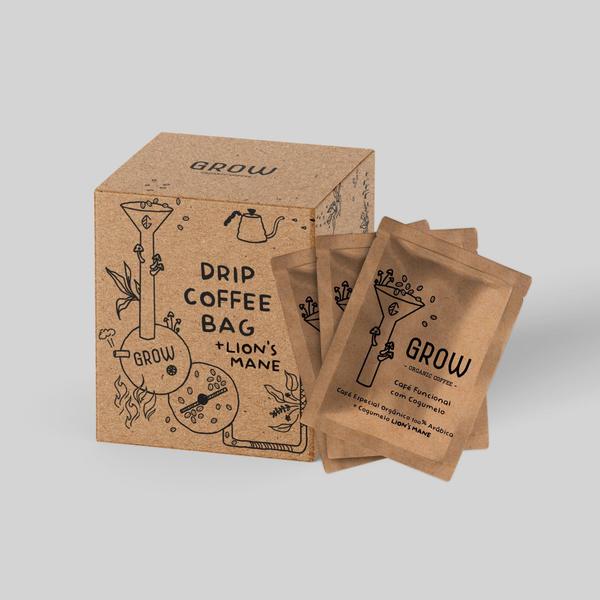 Café Filtrado Orgânico Lions Mane Drip Coffee Grow Sachês 100g 10 Unid Imagem de Café Filtrado Orgânico Lions Mane Drip Coffee Grow Sachês 100g 10 Unid