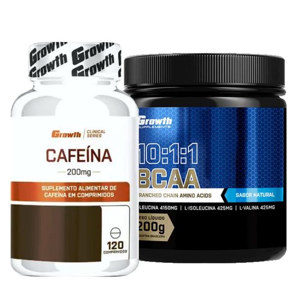 Imagem de Cafeina Pura 200mg 120 Caps + Bcaa em Pó 10:1:1 200g Growth