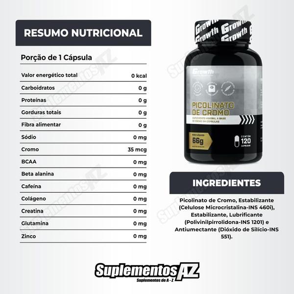 Imagem de Cafeina Pura 200mg 120 Caps + Cromo Picolinato 120 Cap Growth