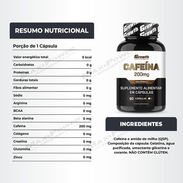 Imagem de Cafeina Pura 200mg 60 Caps + Creatina 250g Creapure Growth